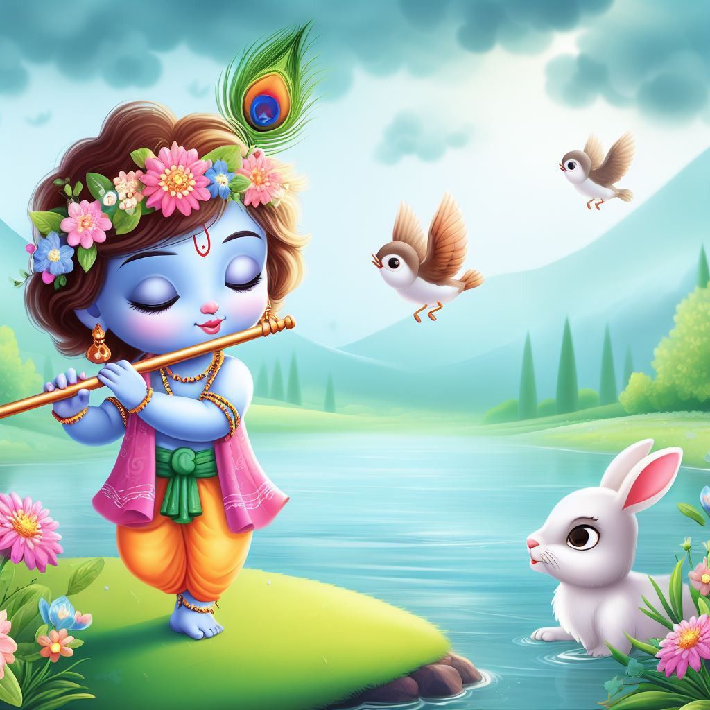 Little Krishna playing flute with animals