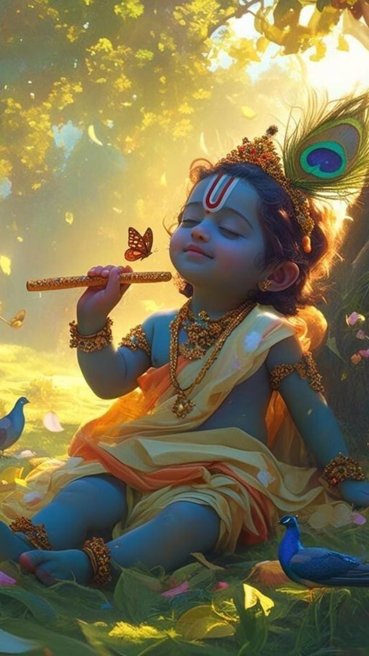 Baby Krishna playing flute in forest