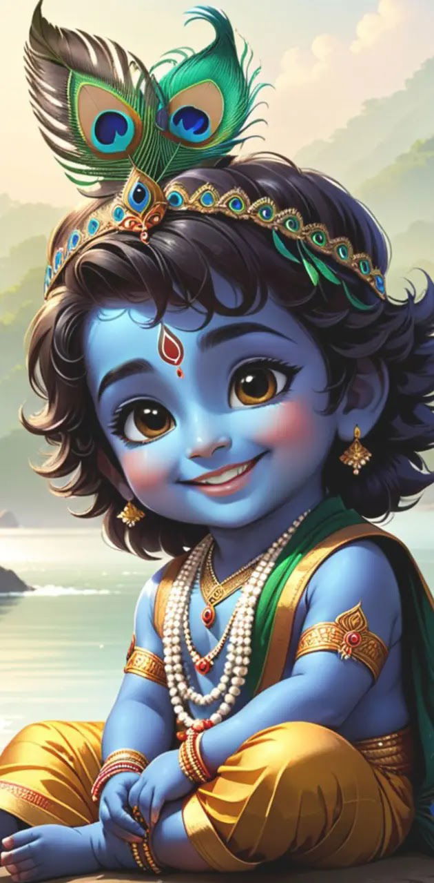 Playful baby Krishna with peacock feather
