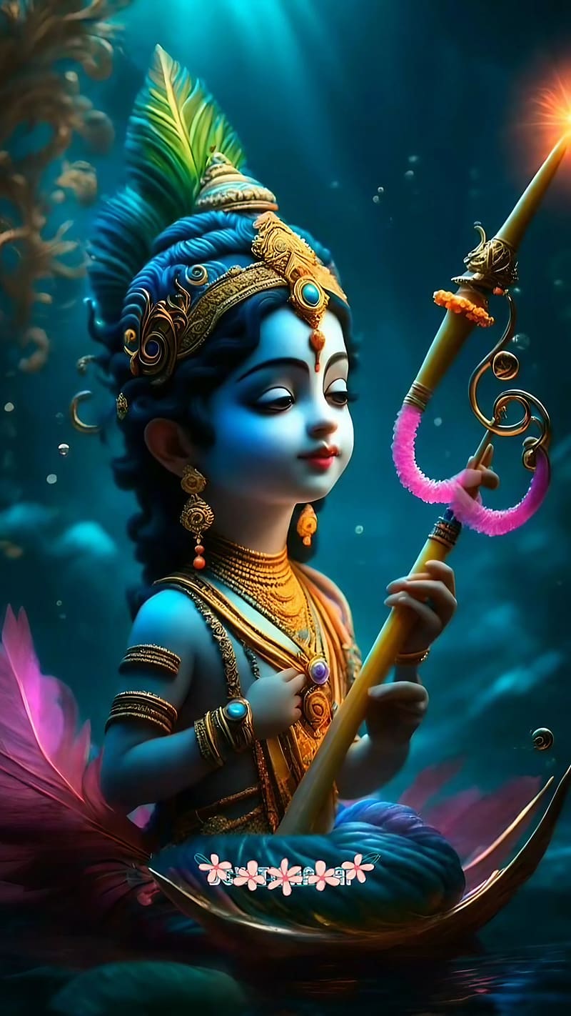 Baby Krishna playing flute on lotus