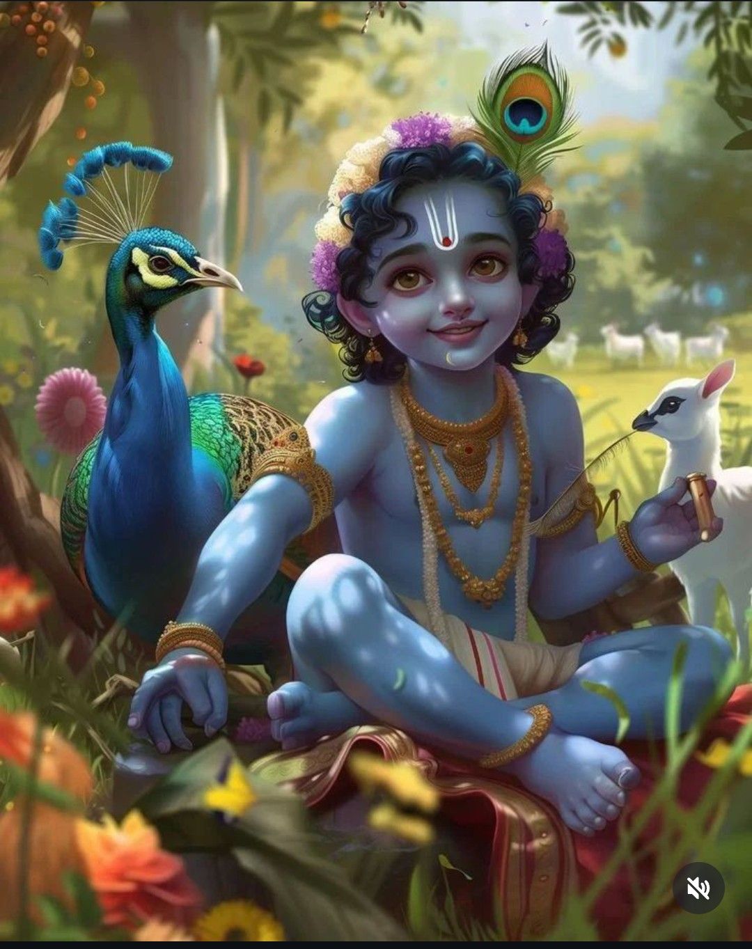 Baby Krishna with peacock and flowers