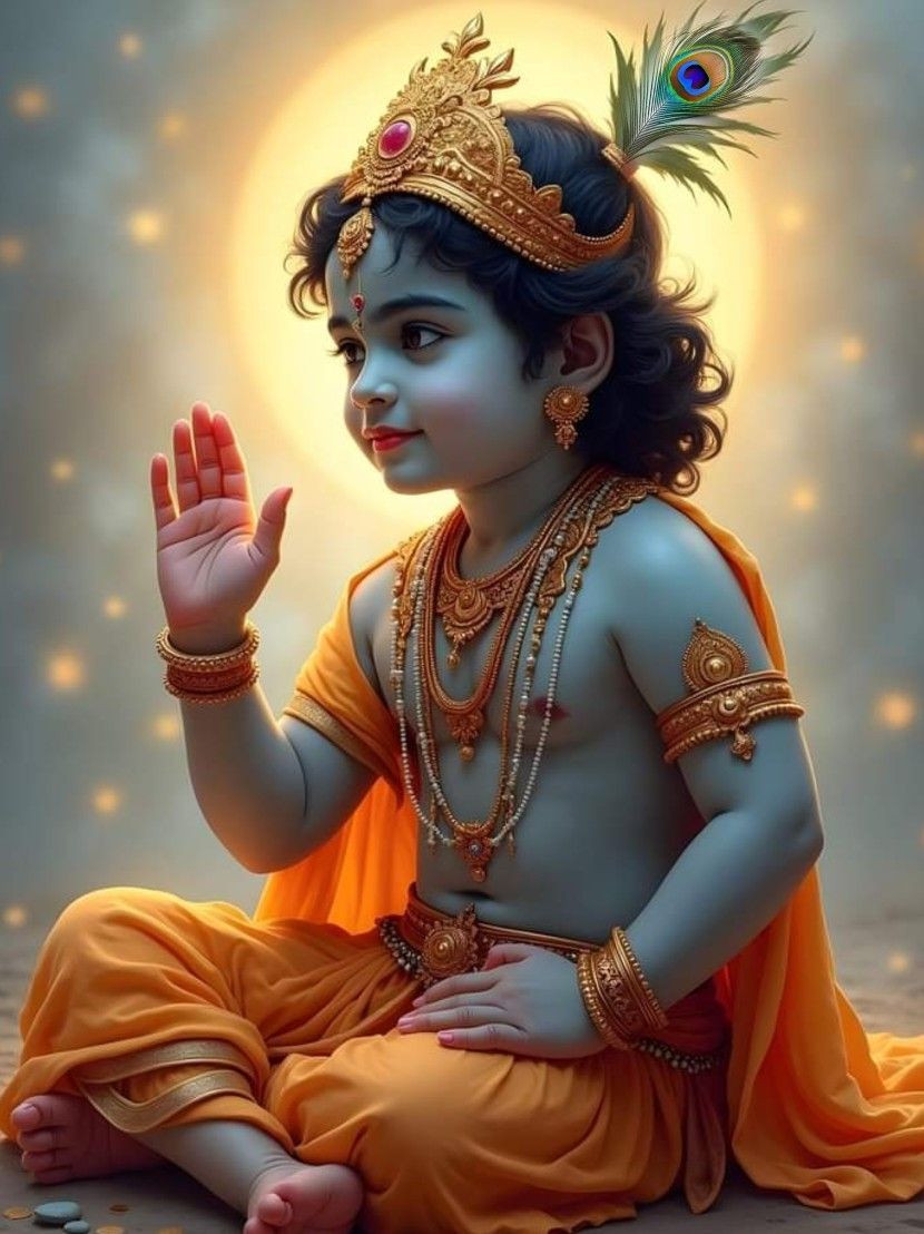 Baby Krishna blessing with peacock feather