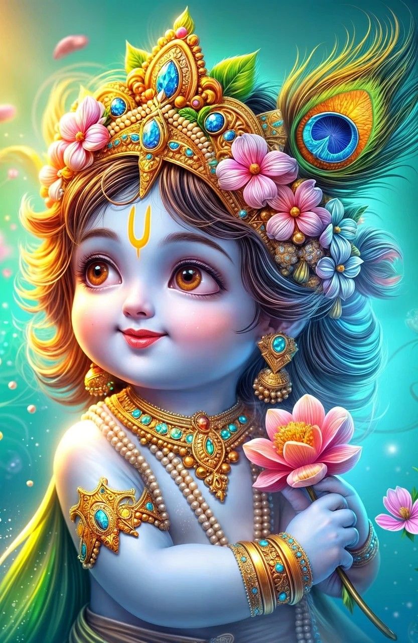 Baby Krishna with lotus and peacock feather