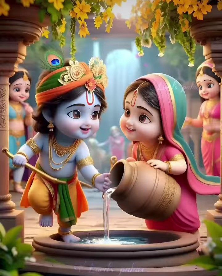 Baby Krishna receives water offering