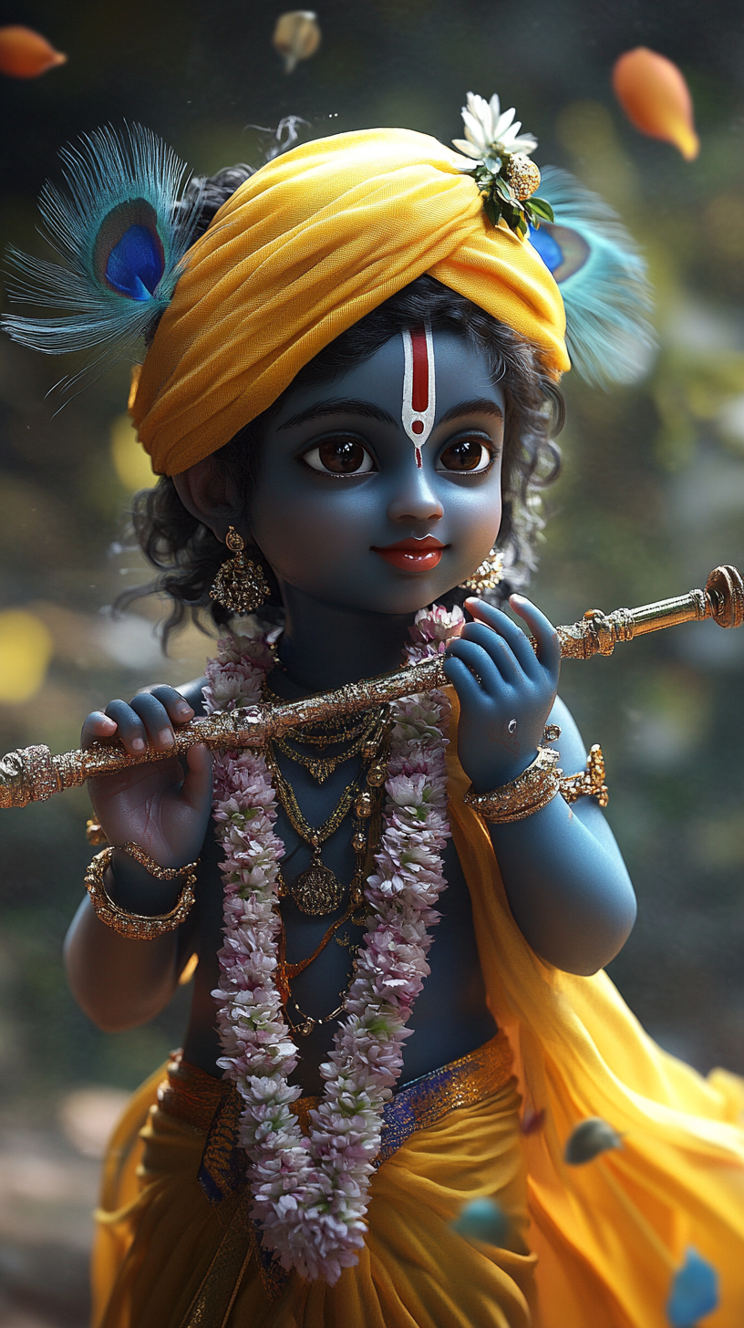 Baby Krishna playing a flute.