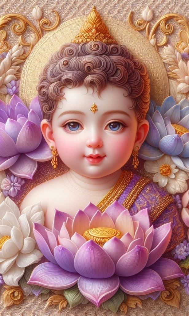 Adorable baby Krishna surrounded by lotus flowers