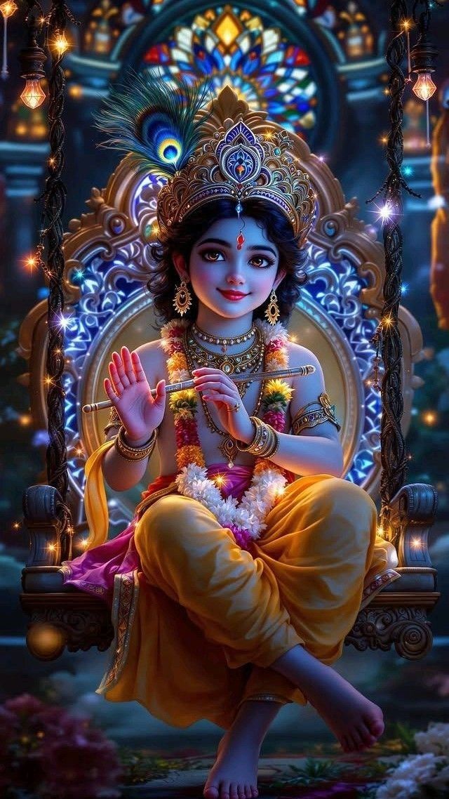 Young Krishna playing flute on swing
