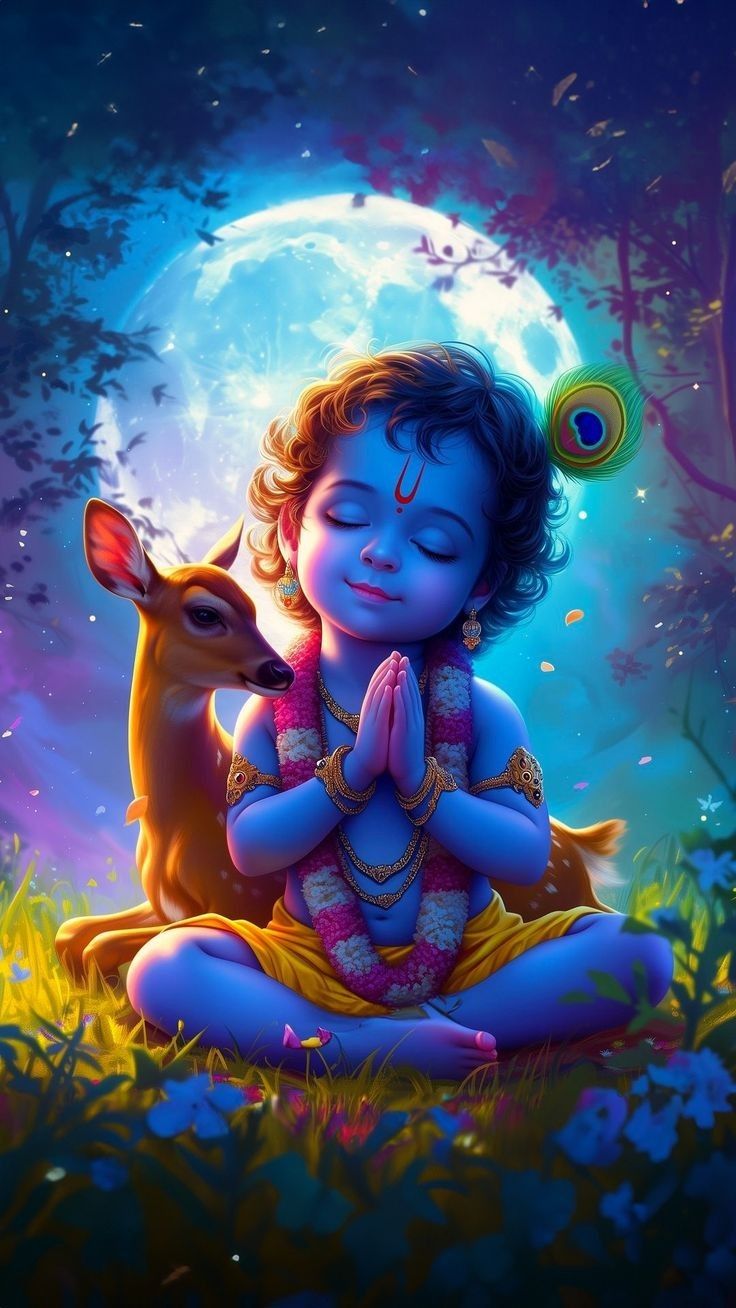 Little Krishna praying with a deer