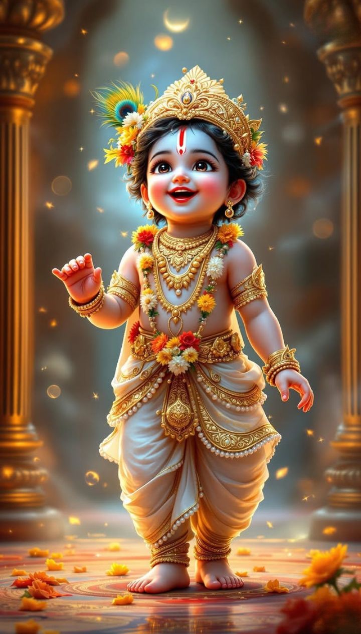 Cute baby Krishna with peacock feather.