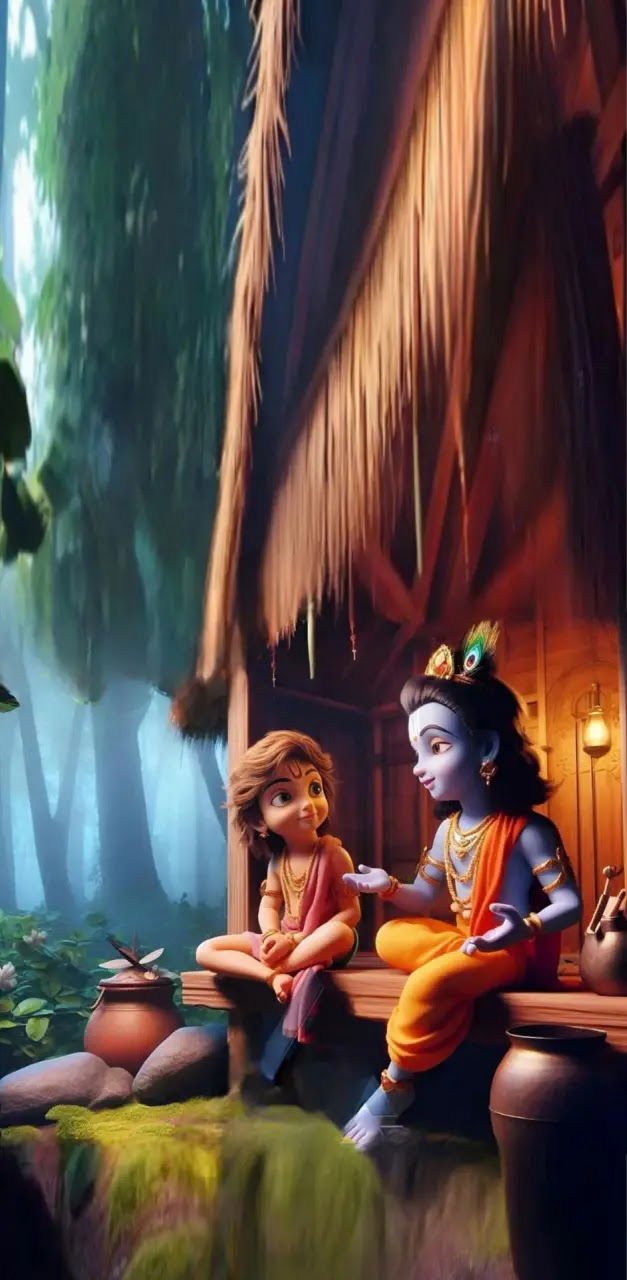 Bal Krishna and friend in forest.