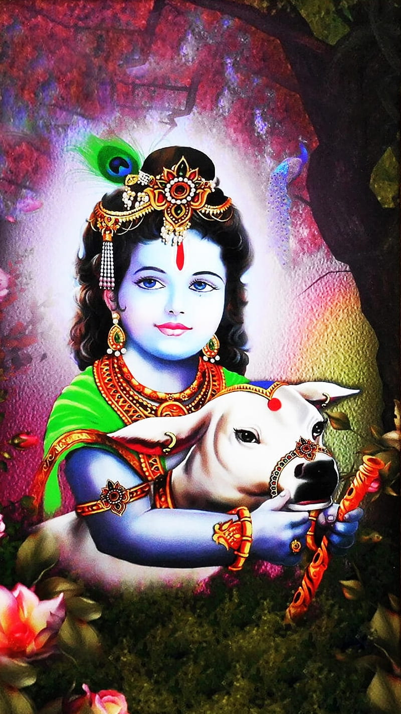 Baby Krishna with a gentle cow.