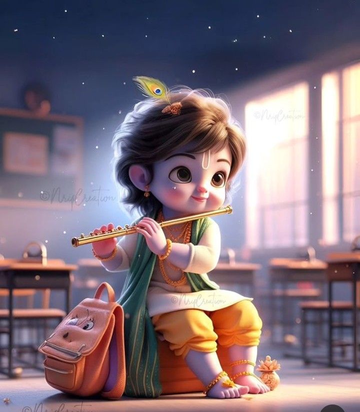 Baby Krishna with flute going to school