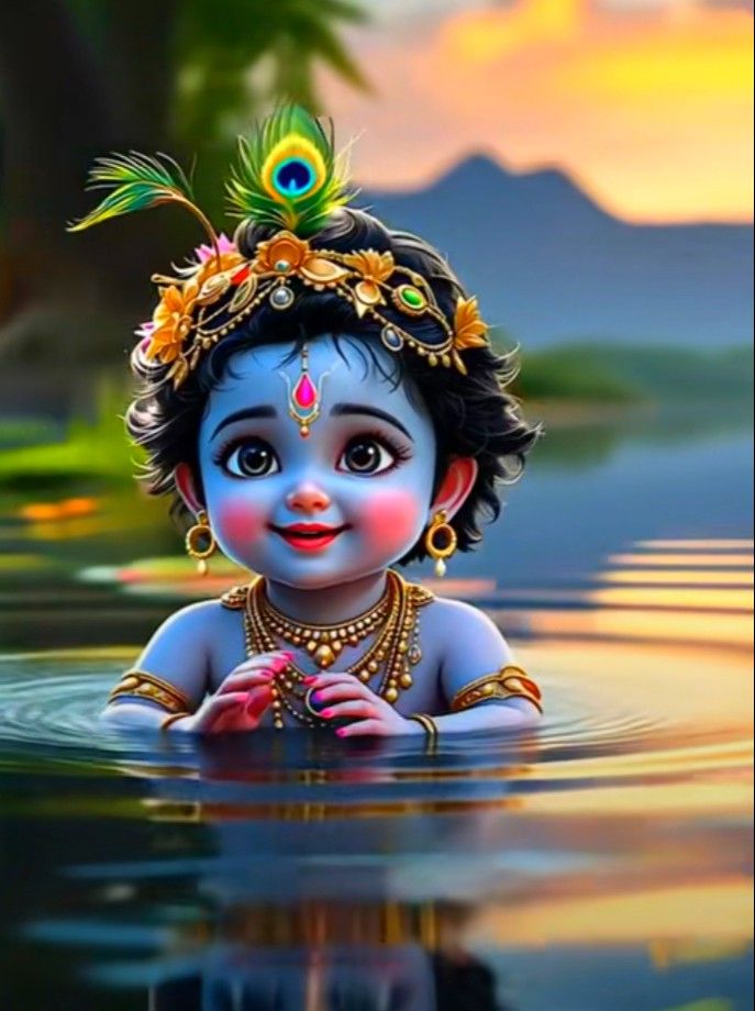 Baby Krishna playing with peacock feather