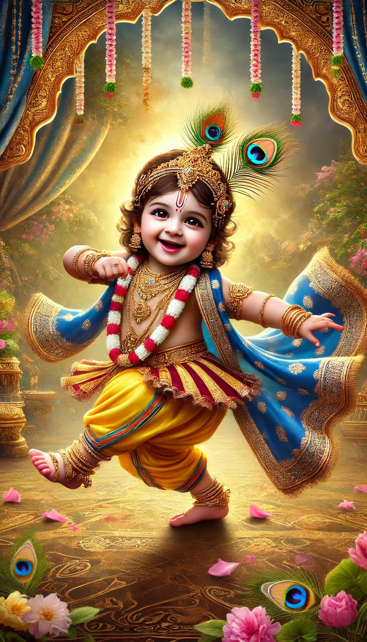 Baby Krishna dancing with peacock feather