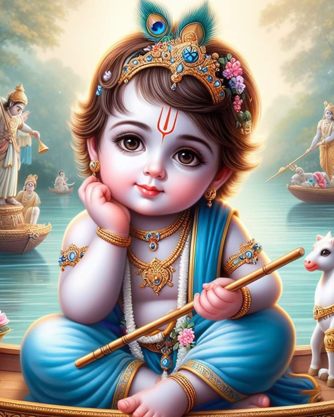 Baby Krishna with flute and lotus flower