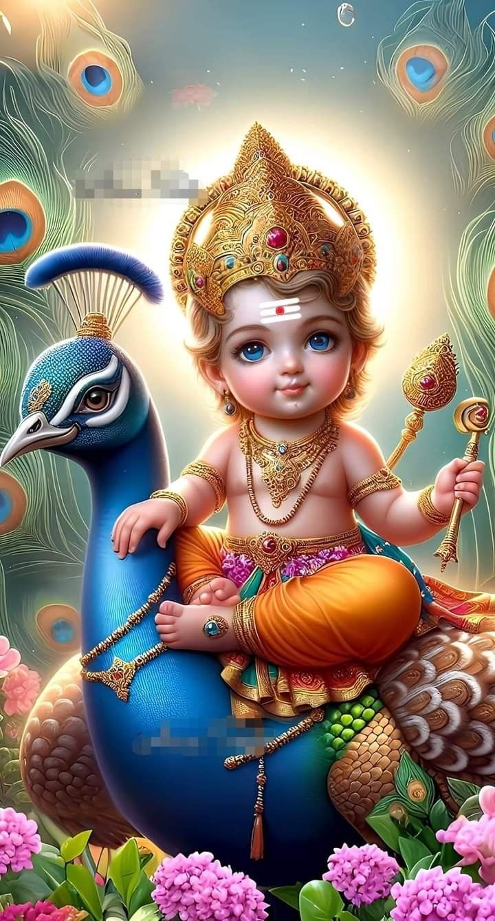 Baby Krishna with peacock feather and flute