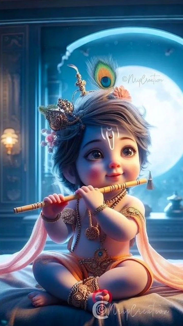 Adorable baby Krishna playing flute.