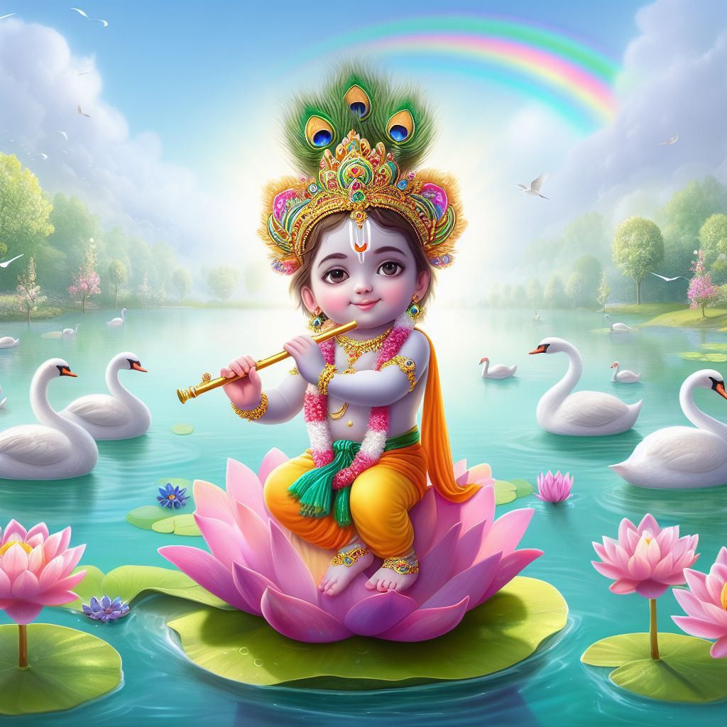 Baby Krishna playing flute on lotus