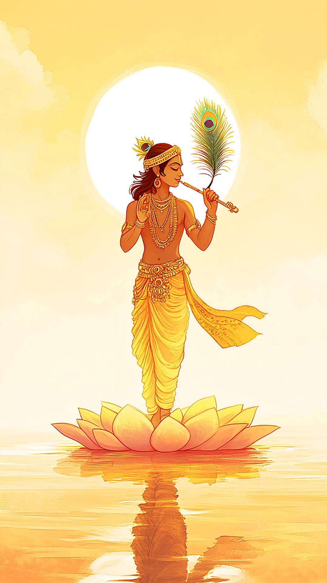 Krishna playing flute on lotus flower