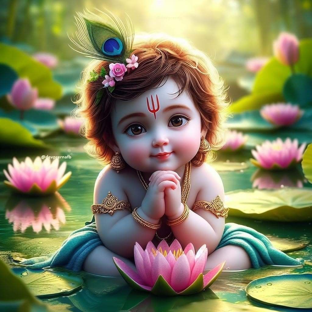 Baby Krishna amidst lotus flowers