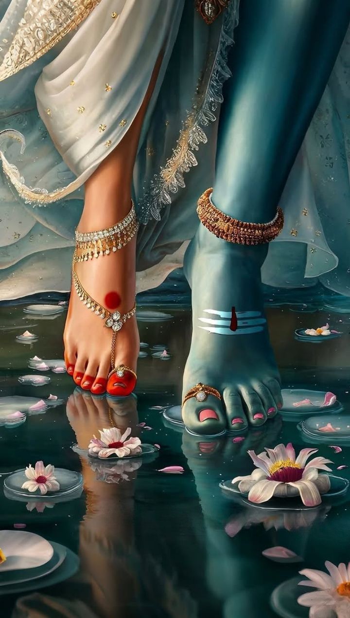 Krishna\'s feet amongst lotus flowers