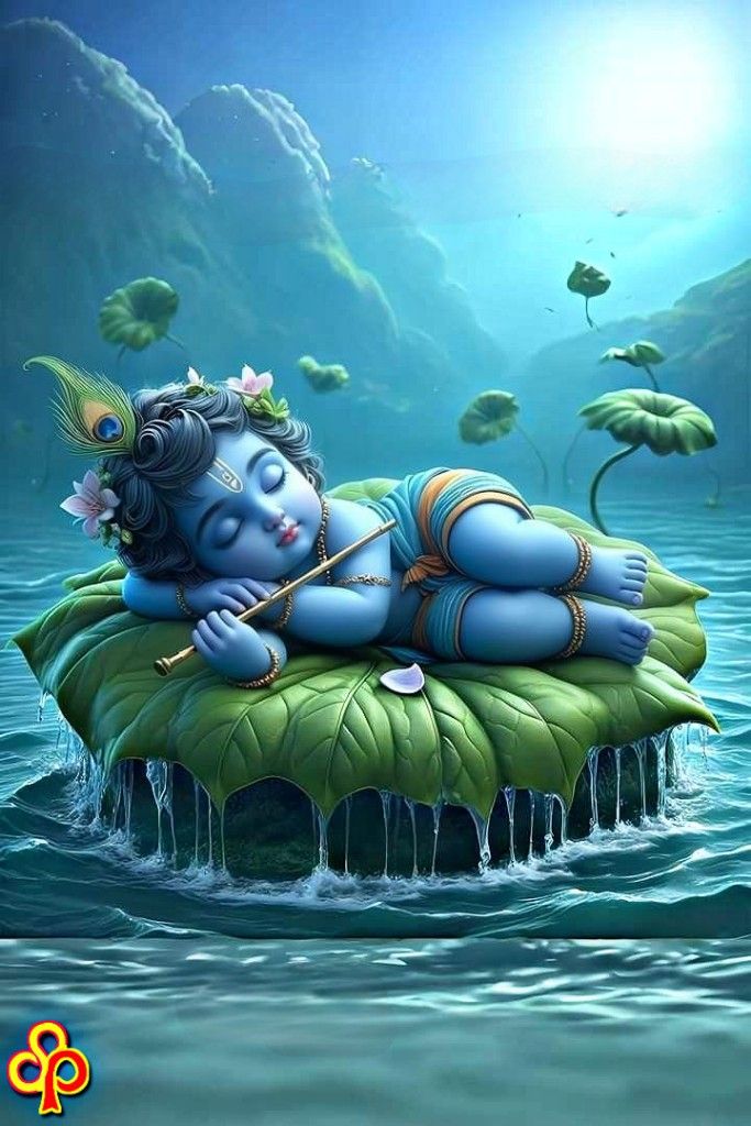 Baby Krishna resting on lotus leaf
