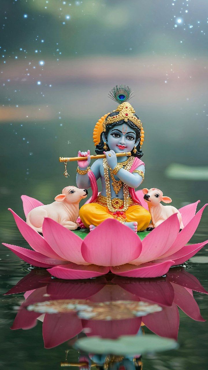 Krishna playing flute on lotus flower