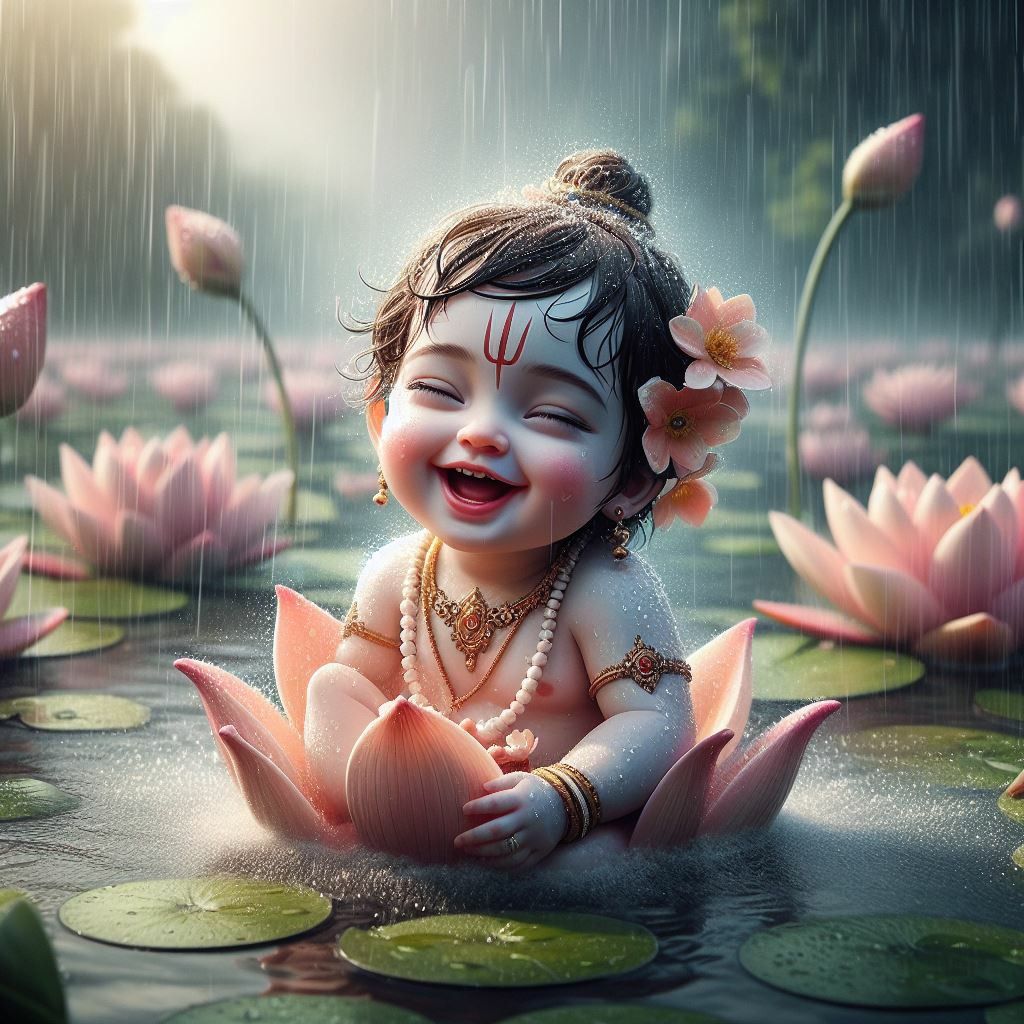Baby Krishna laughing in lotus flower