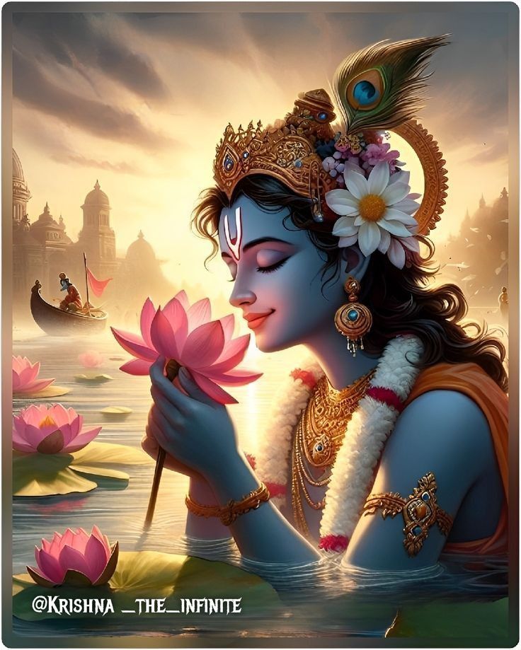 Krishna inhaling lotus fragrance at sunset