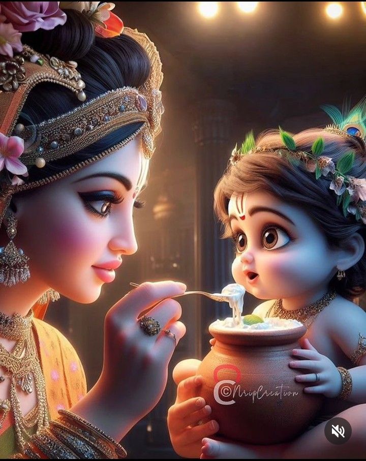 Radha lovingly feeds baby Krishna