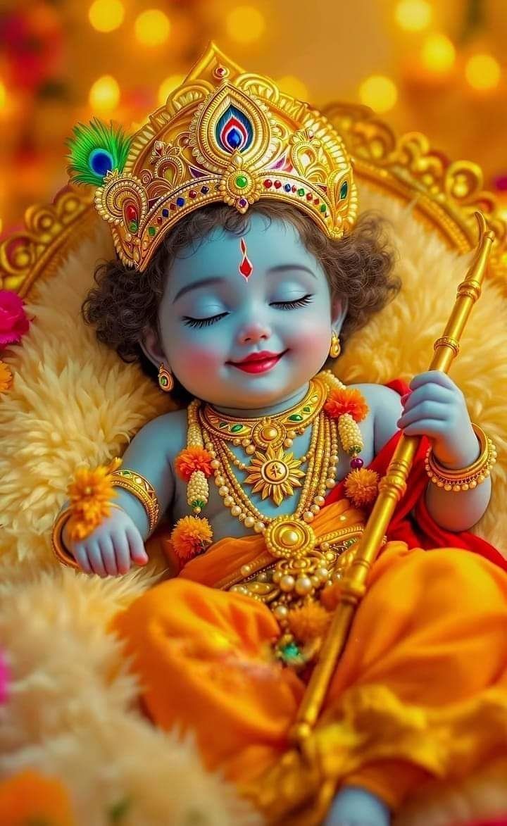 Adorable infant Krishna with flute and feather.