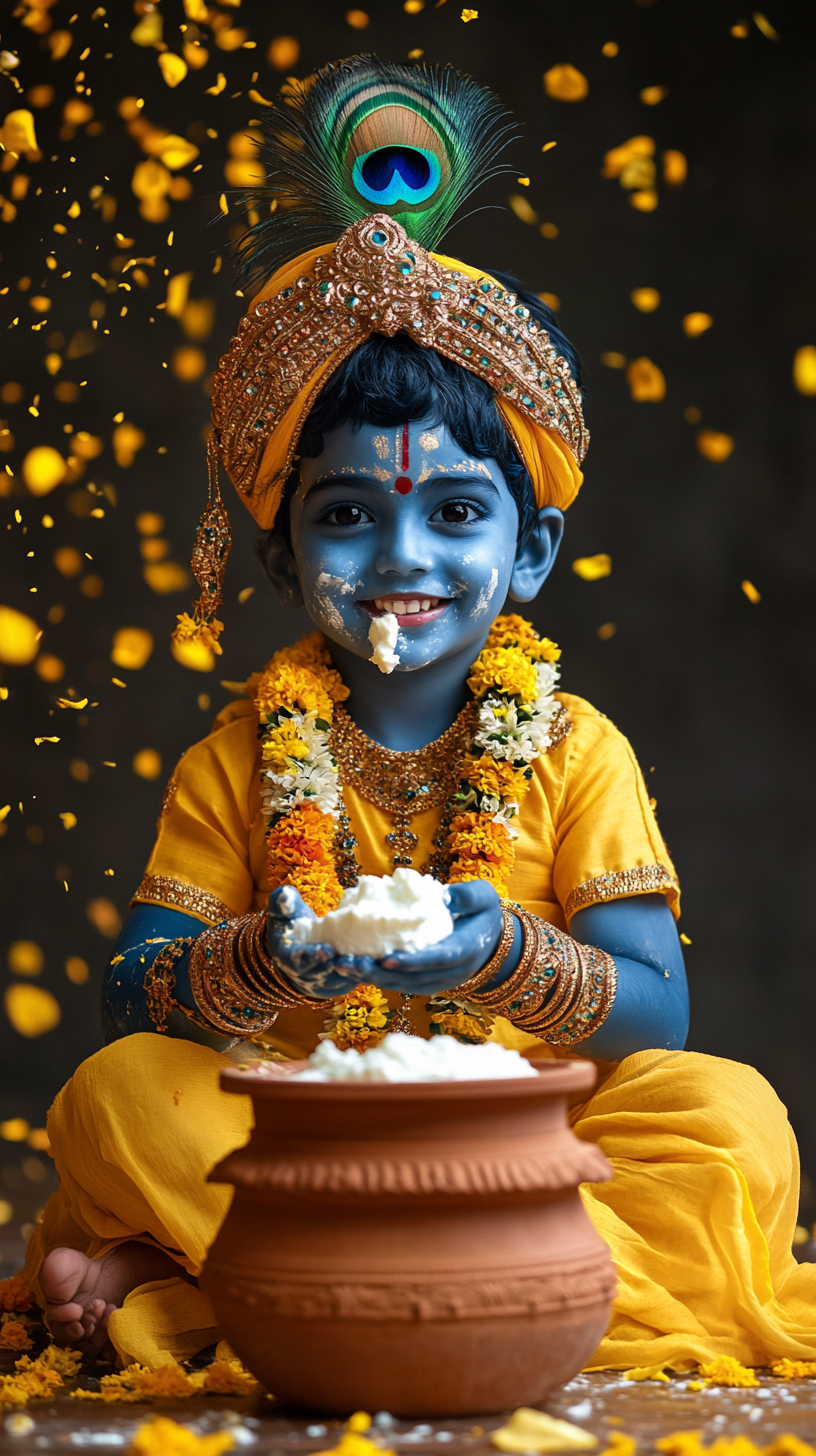Little Krishna enjoying butter delight.