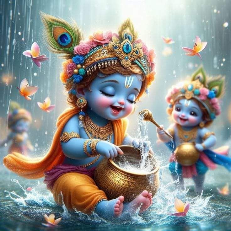 Bal Krishna enjoying butter in the rain