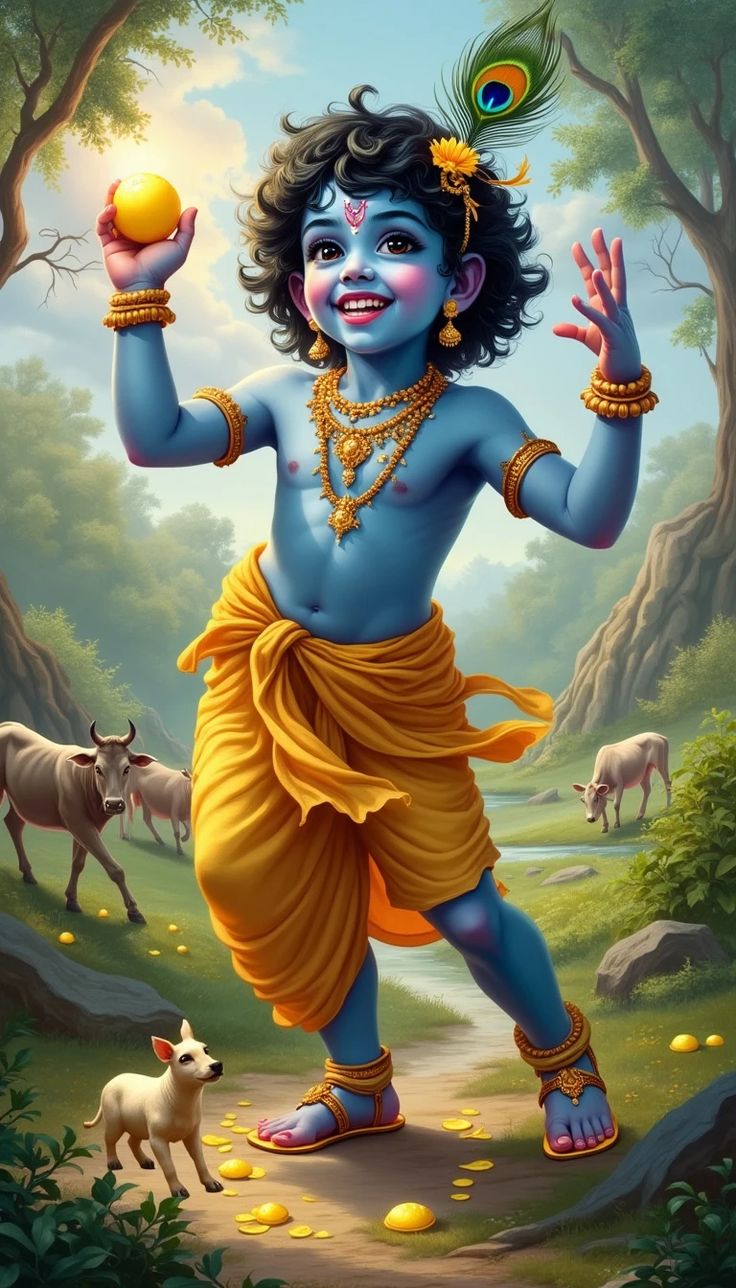 Playful baby krishna with orange
