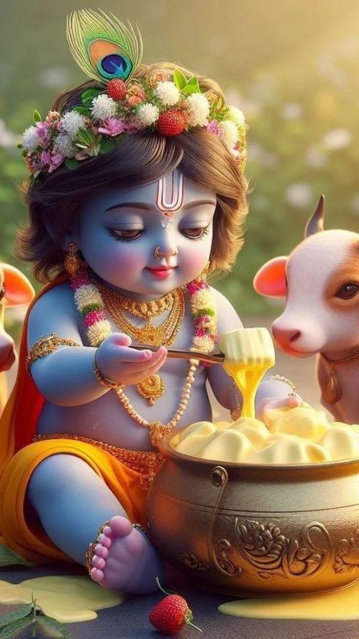 Baby Krishna stealing butter with a calf