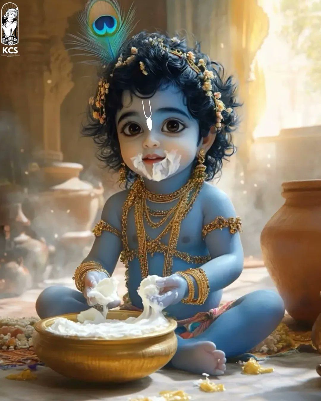 Little Krishna enjoying butter with joy