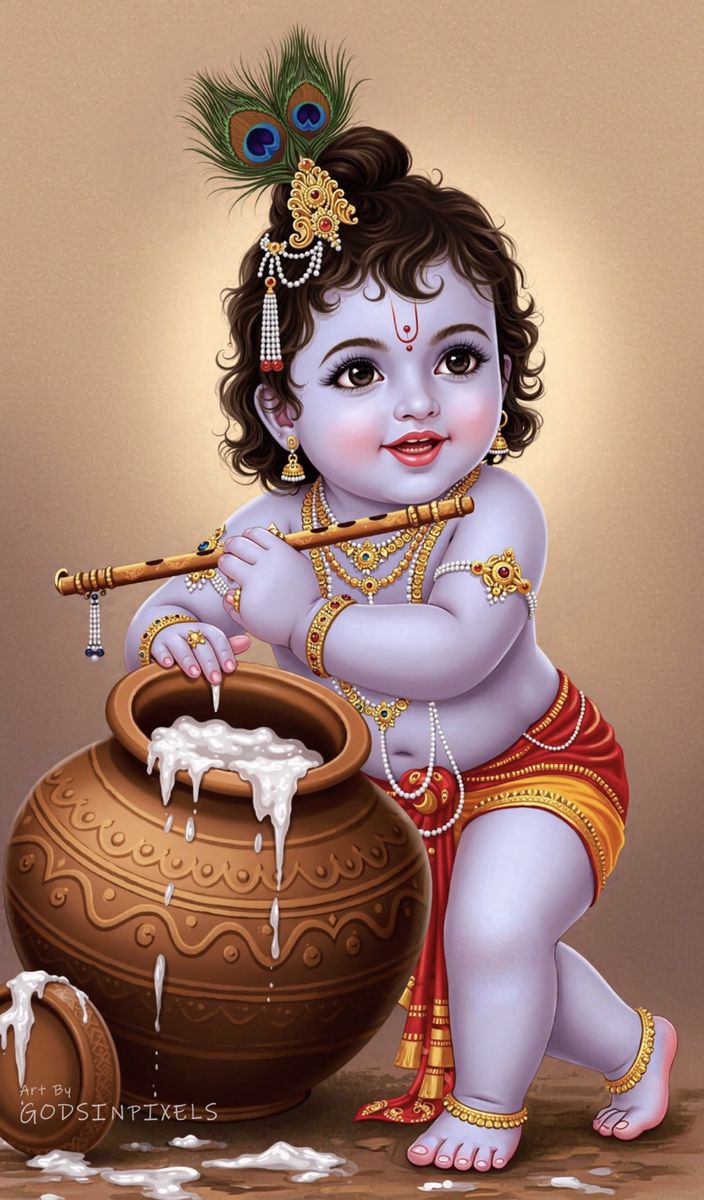 Little Krishna enjoying butter with flute