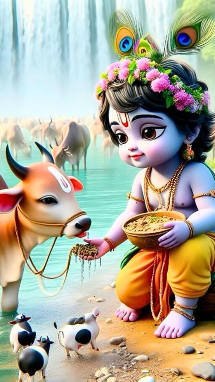 Little Krishna feeding cows butter.