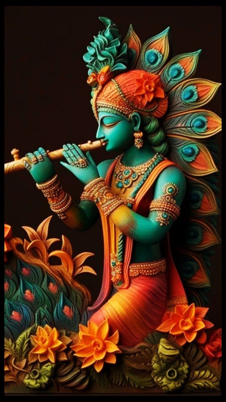 Krishna playing a flute with peacock.