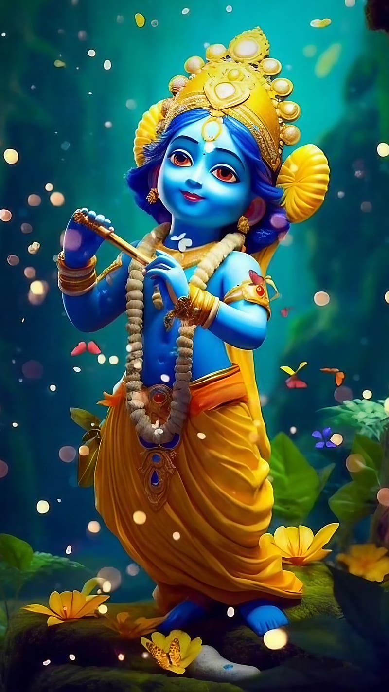 Baby Krishna playing a flute, divine wallpaper.