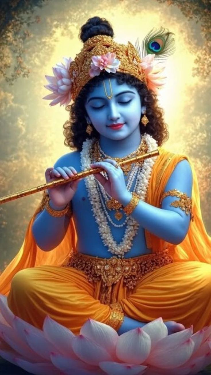 Krishna playing the flute on lotus