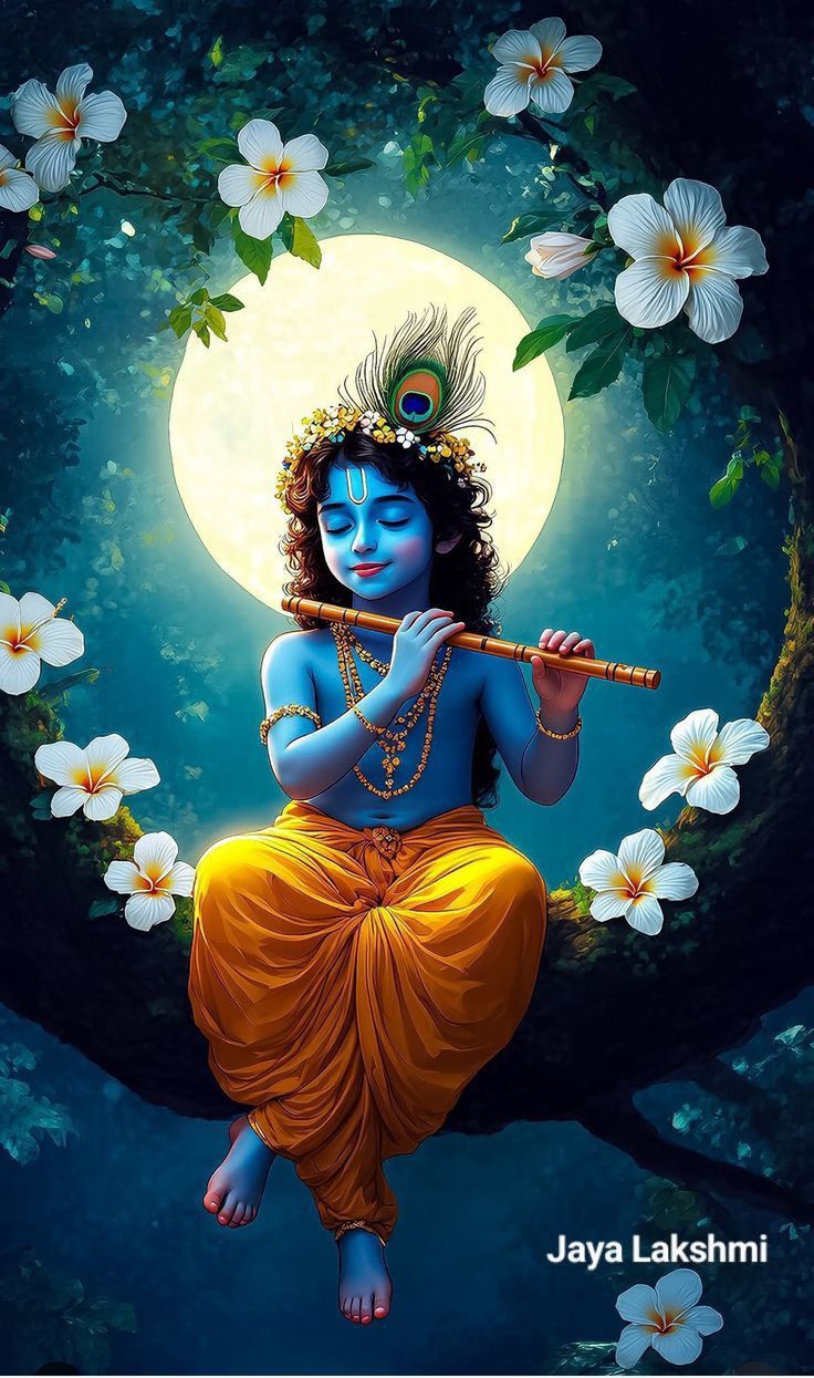 Krishna playing flute, divine bliss.