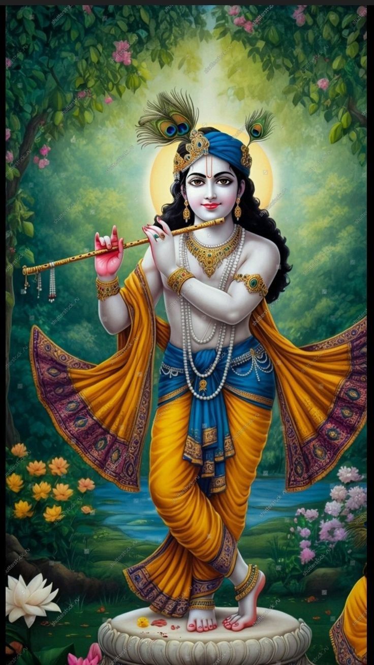 Krishna playing flute in Vrindavan forest