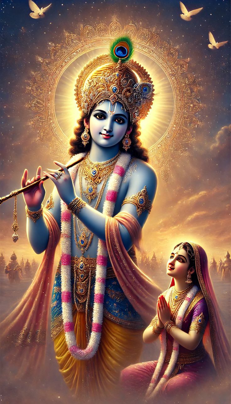 Krishna playing flute with Radha