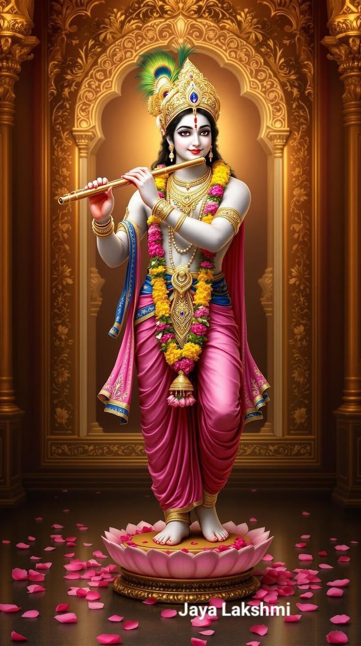 Lord Krishna playing flute on lotus