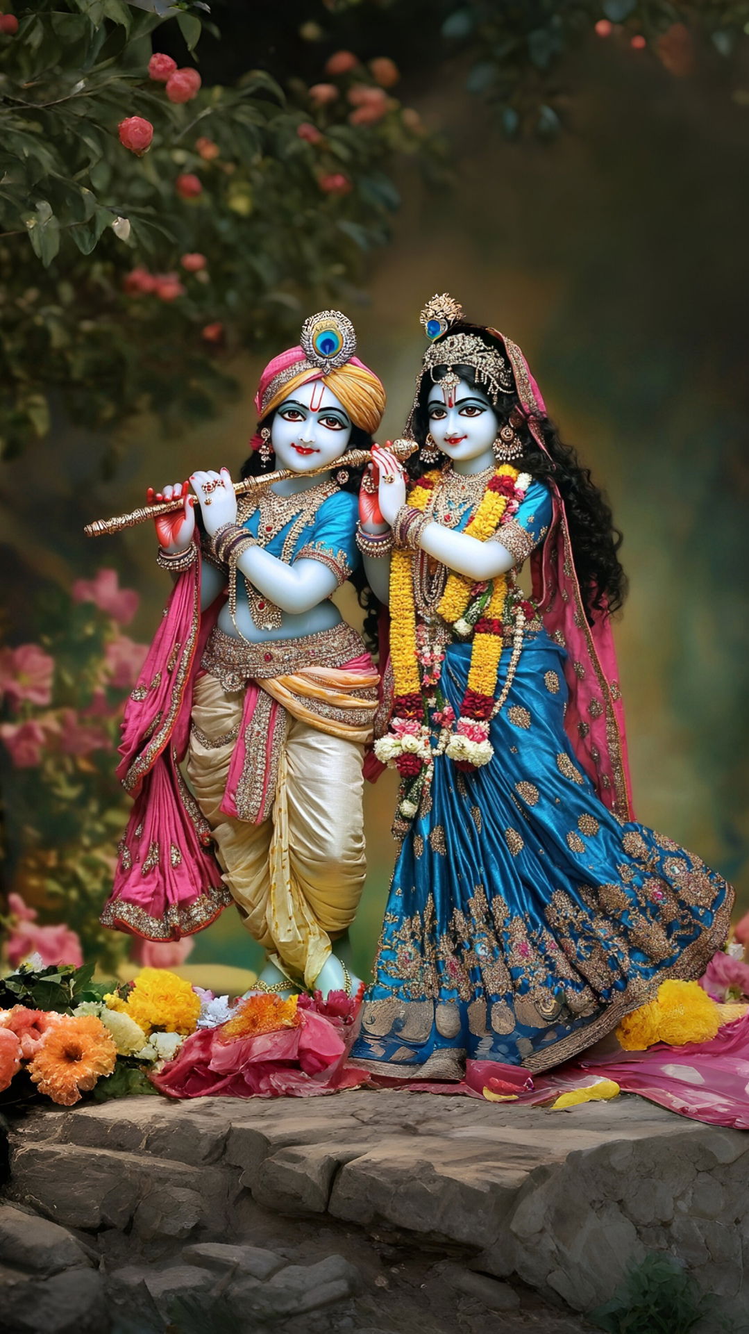 Krishna and Radha playing flute