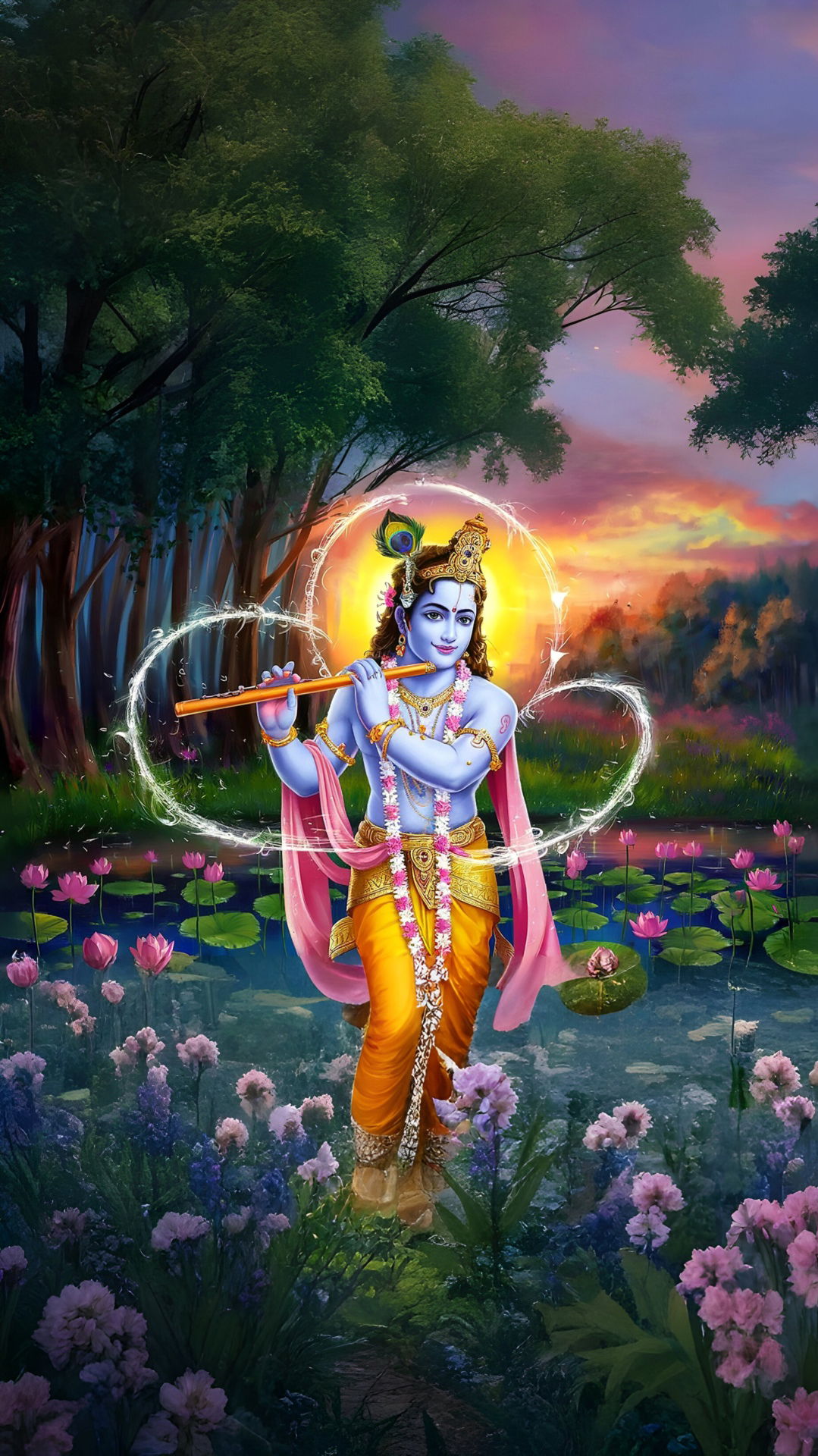 Krishna playing flute in forest