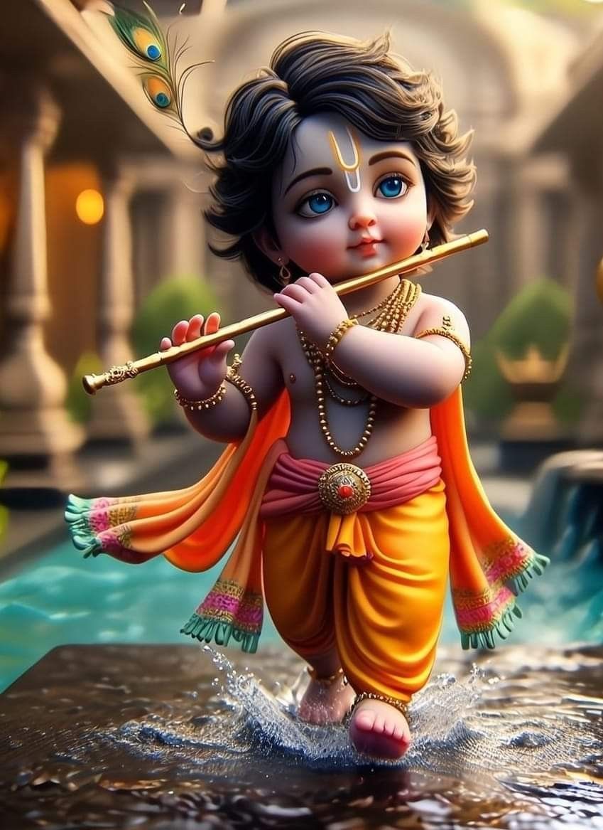 Baby Krishna playing flute in water