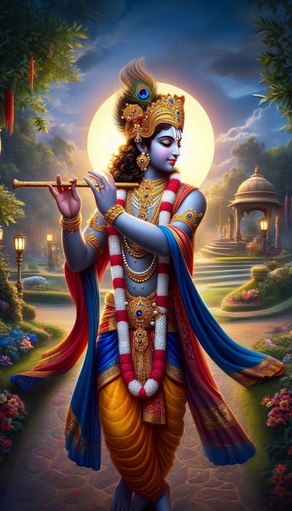 Krishna playing flute under moonlight