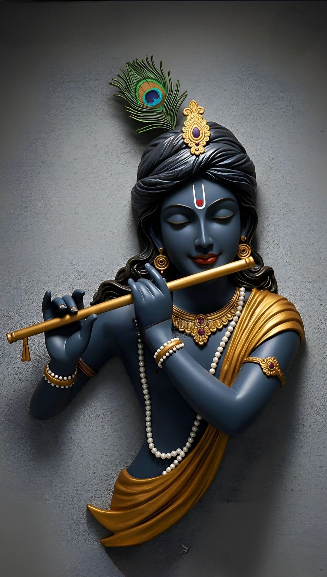 Krishna playing flute with peacock feather